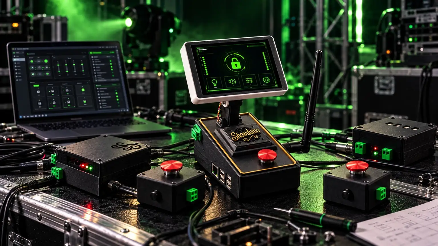 Cinematic Showduino concept visual with touchscreen Director, Studio laptop, specialist control nodes and dramatic green stage lighting
