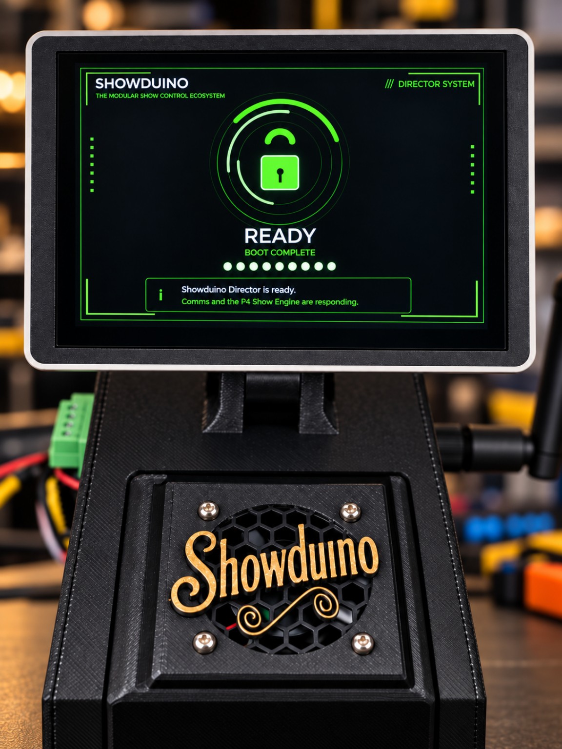 Showduino main control enclosure with a tilting Director touchscreen, illuminated green system display and gold Showduino front grille